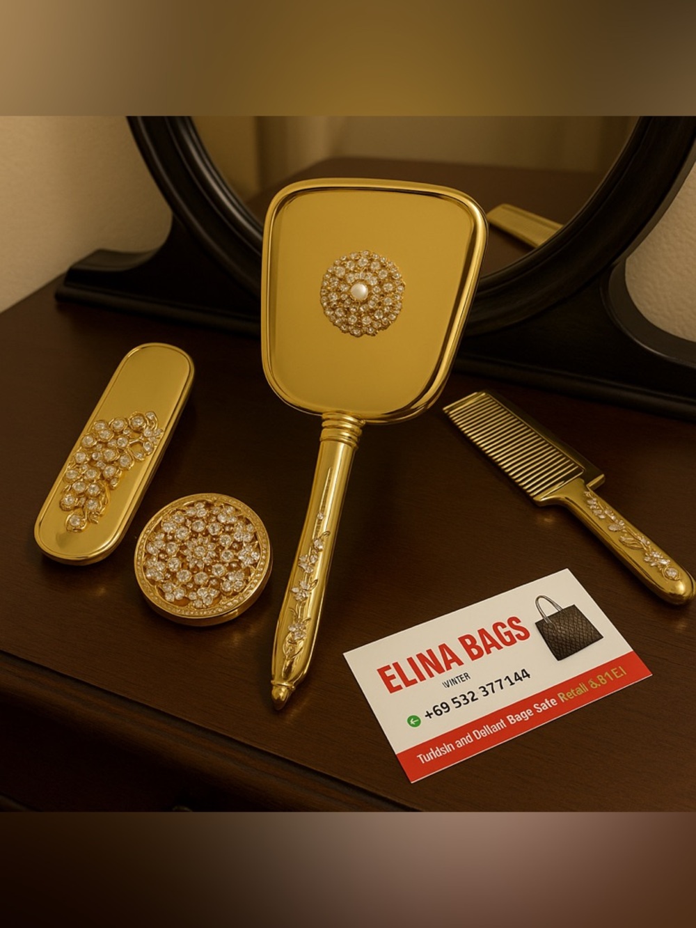 Gold Jeweled Hand Mirror set  -